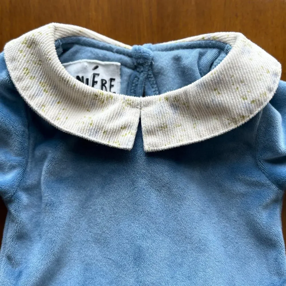 Manière Child Cornflower Blue Velour Peter Pan Collar Footed Sleeper Size 6M